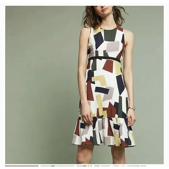Anthropologie Sunday In Brooklyn Dress Size Small Flounced Geometric Crepe - Picture 1 of 8